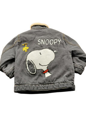 Zara Kids Snoopy Denim Jacket 3-4Y Gray Peanuts Sherpa Lined Jean Coat